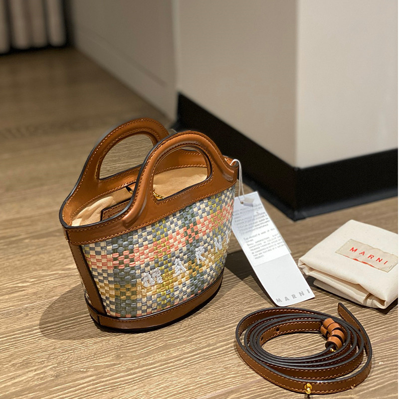 MARNI ベージュ＆ブラウン マイクロ Tropicalia トートバッグ Tropicalia Micro Bag in brown leather and raffia-effect
