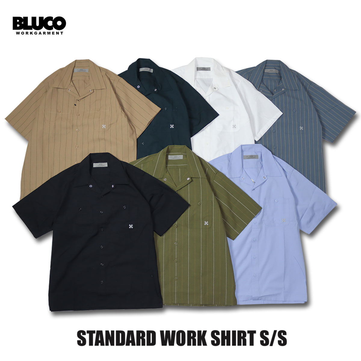 BLUCO(ブルコ)OL-108-023 STANDARD WORK SHIRT S/S  7色(NVY/BLK/L.BLU/WHT/OLV.STP/BEG.STP/S.BLU.STP)☆送料無料☆