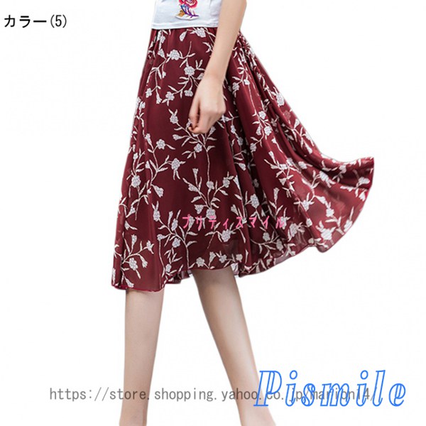 シフォンスカート ひざ丈 Aライン 花柄 フレアスカート 薔薇柄