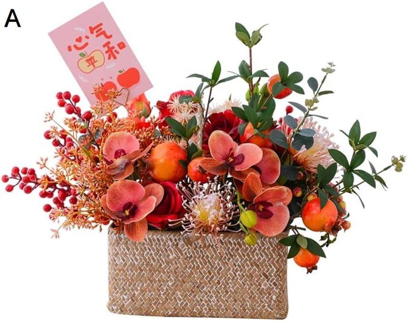 ストロー織りの花のバスケットの混合人工花の配置フェイク植物は農家の結婚式のために鉢植えの偽の花束を鉢植え 造花 (Color : D)｜pismile｜03