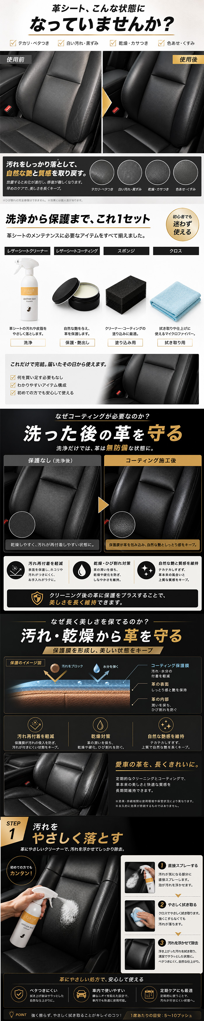 車用レザーシートクリーナー コーティングセット 500ml 日本製 本革