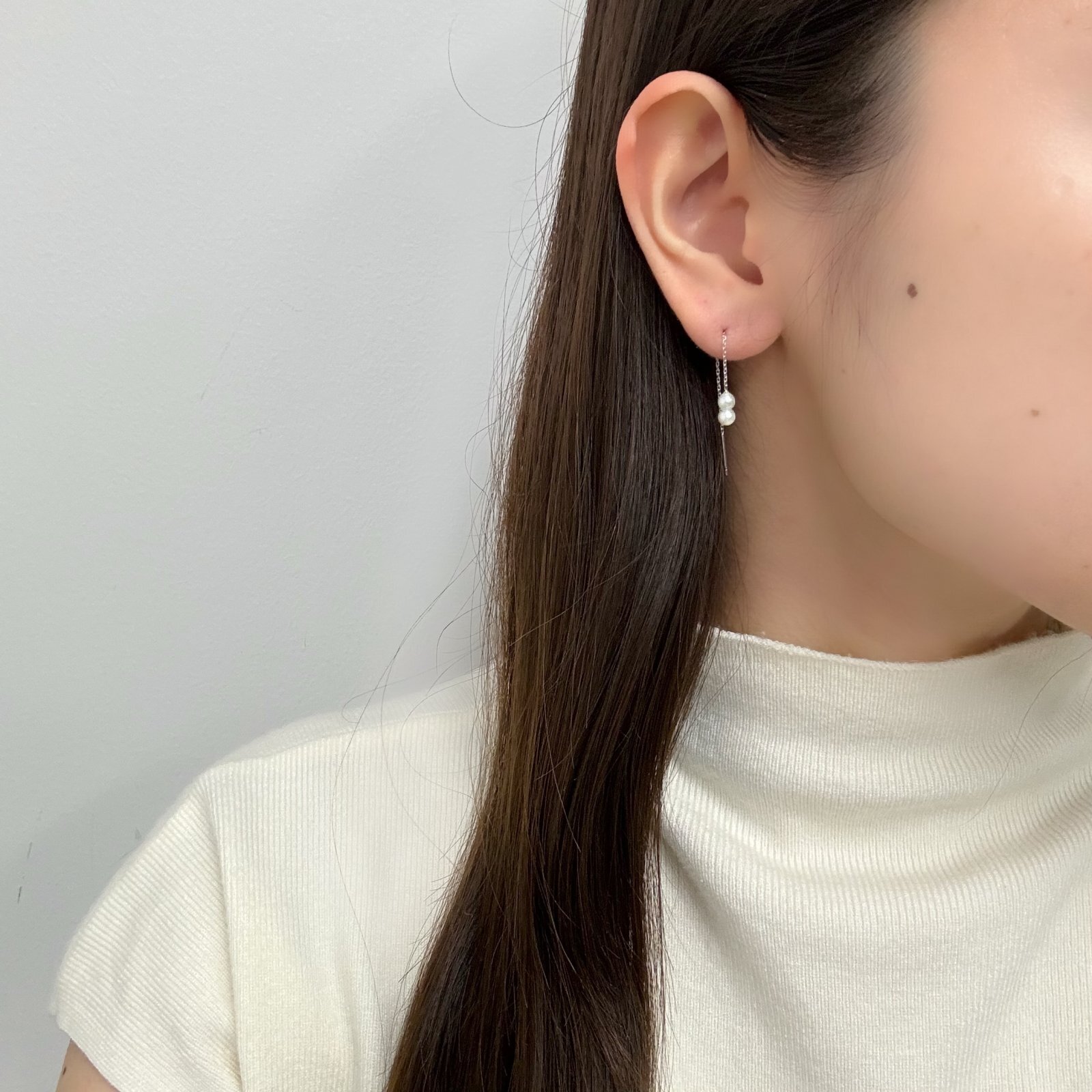 アコヤ本真珠 ツインパール チェーンピアス ホワイト クリーム