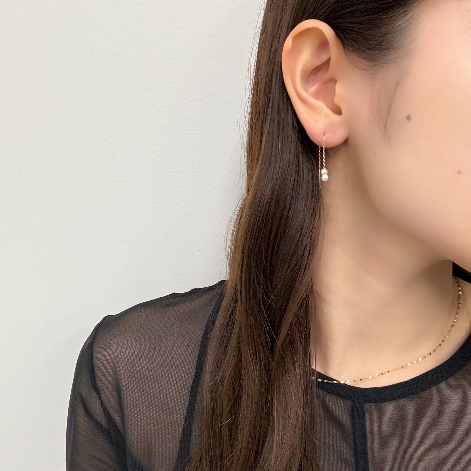 アコヤ本真珠 ツインパール チェーンピアス ホワイト クリーム