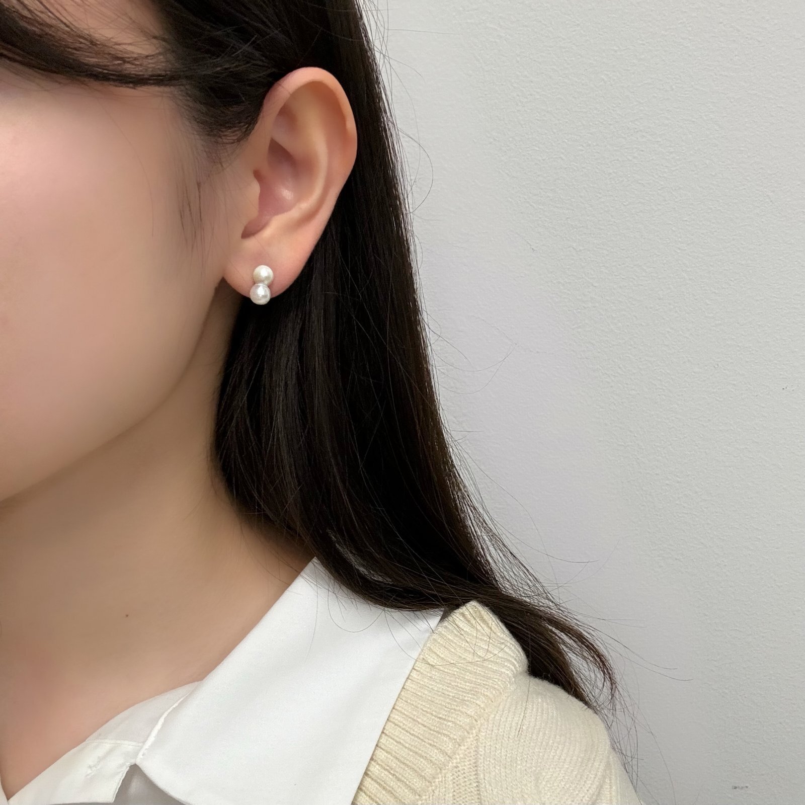 アコヤ真珠 ツインパールピアス 6-7mm ホワイト〜ライトグレー 無調 