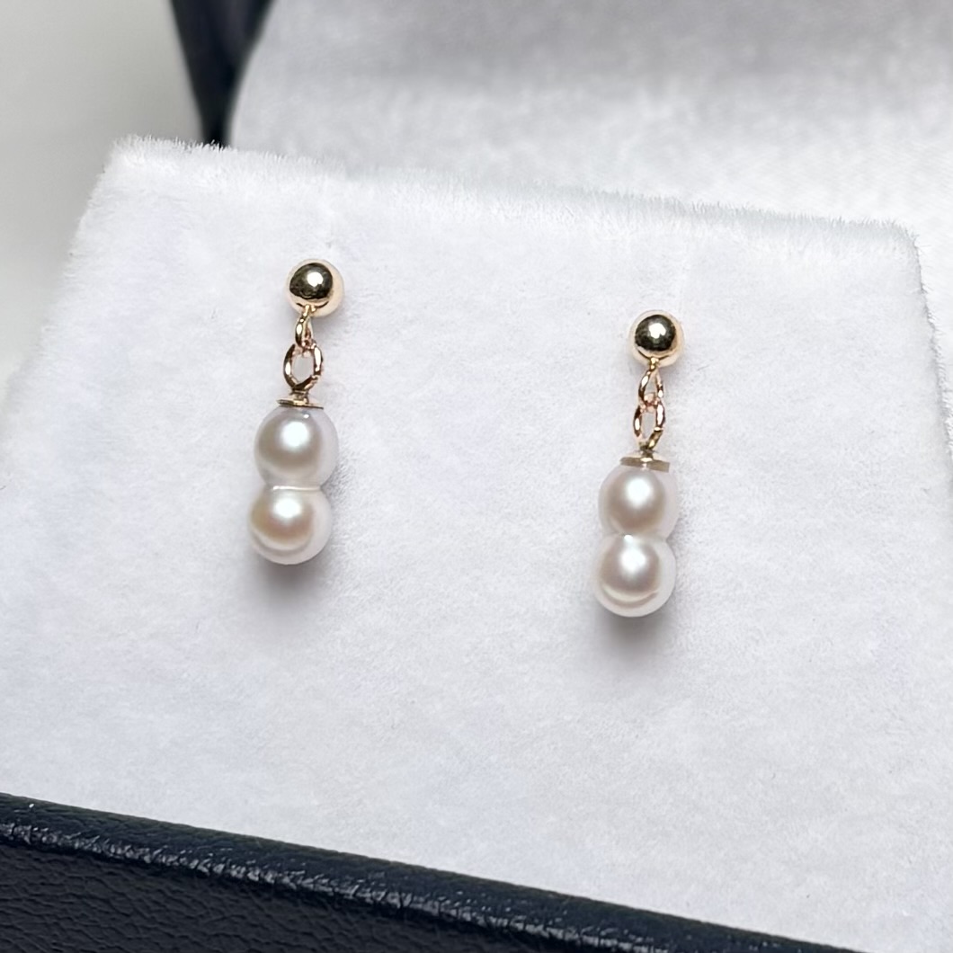 アコヤ真珠 ツインパールピアス イヤリング ホワイト 3mm-4mm