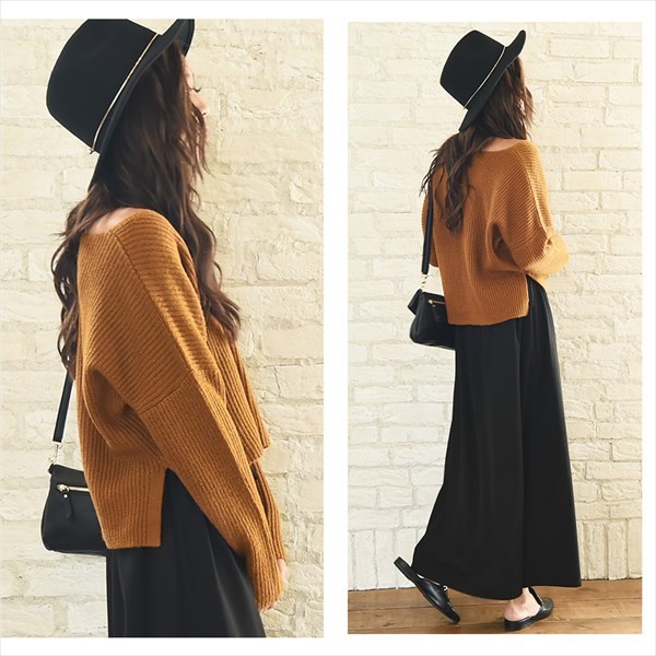 すっきりVネック サイドスリット入り クロップド丈ニット