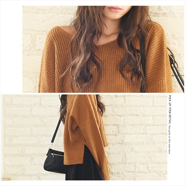 すっきりVネック サイドスリット入り クロップド丈ニット