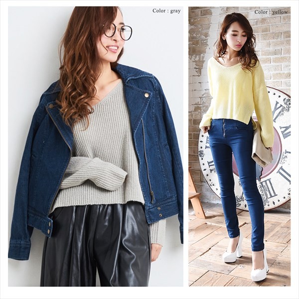 すっきりVネック サイドスリット入り クロップド丈ニット