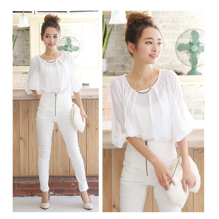 タック入り リボン袖 ジョーゼットブラウス トップス 上品 レディース