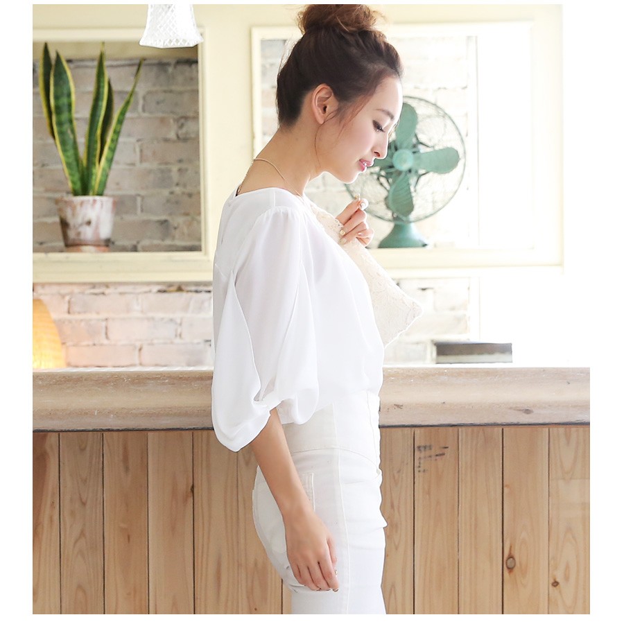 タック入り リボン袖 ジョーゼットブラウス トップス 上品 レディース