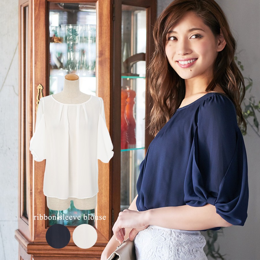 ブラウス/ブラウス/白/ホワイト/ブラウス/紺/ネイビー/ブラウス/フリル/リボン/リボン袖/5分袖/スリーブ/ジョーゼット/ブラウス/レディース/レデイース/tops/womans/ladies/