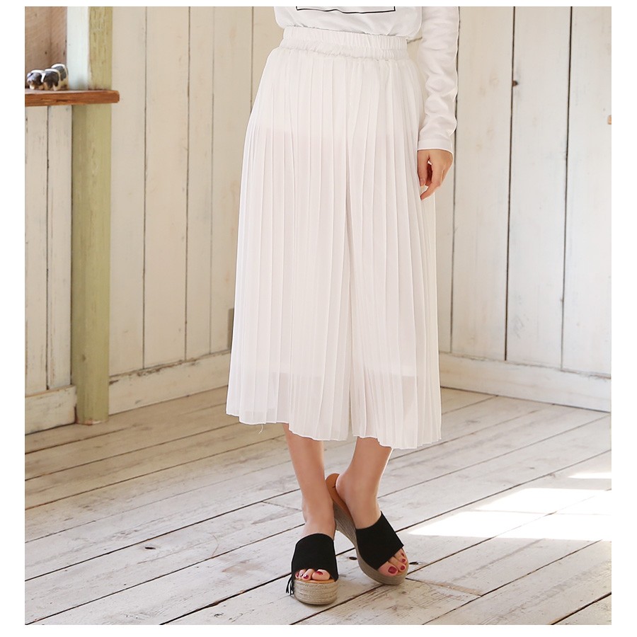 上品ふんわりシフォン素材 プリーツガウチョパンツ レディース