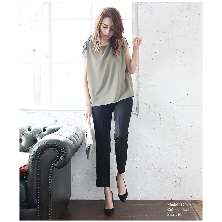 センタープレス パンツ レディース/センタープレス パンツ 9分/リラックスパンツ/センタープレス パンツ/ストレッチ/ボトムス/ウエストゴム/センタープレス ストレート パンツ/bottoms/pants/womans/ladies/