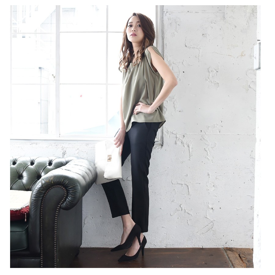 センタープレス パンツ レディース/センタープレス パンツ 9分/リラックスパンツ/センタープレス パンツ/ストレッチ/ボトムス/ウエストゴム/センタープレス ストレート パンツ/bottoms/pants/womans/ladies/