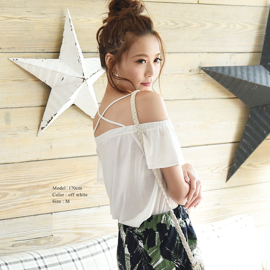 フレアスリーブ クロスストラップ tシャツ レディース 半袖 オフショルトップス ブラウス オフショルダー フリル シャツ ゆったり 肩みせ 肩だし 肩あき リゾート ガーリー おしゃれ 大人 上品 レディース 春 夏 tops shirt womans ladies