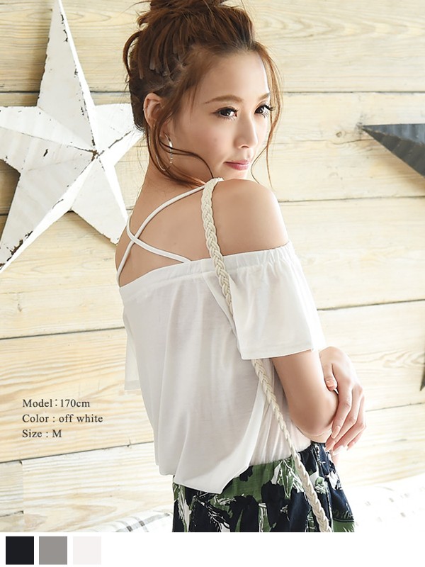 フレアスリーブ クロスストラップ tシャツ レディース 半袖 オフショルトップス ブラウス オフショルダー フリル シャツ ゆったり 肩みせ 肩だし 肩あき リゾート ガーリー おしゃれ 大人 上品 レディース 春 夏 tops shirt womans ladies