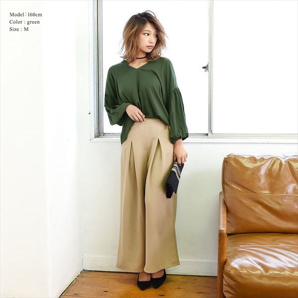 バルーンスリーブ Vネック デザインブラウス トップス シャツ ブラウス トップス 七分袖 7分袖 ブラウス ワイドスリーブ プルオーバー オフィス 黒 おしゃれ 大人 上品  レディース レデイース tops womans ladies からし テラコッタ カーキ ブラック