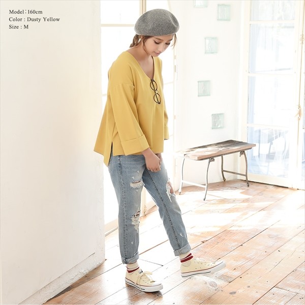 もっちり柔らかポンチ素材。 ボリュームショルダー カットソー トップス レディース 7分袖 七分袖 ブラウス Vネック サイドスリット ワイドスリーブ ラウンドネック トップス プルオーバー ビジネス オフィス パーティー 結婚式 Ladies womans tops ダスティピンク ネイビー ブラック ホワイト アイスグレー ダスティイエロー 黒 白