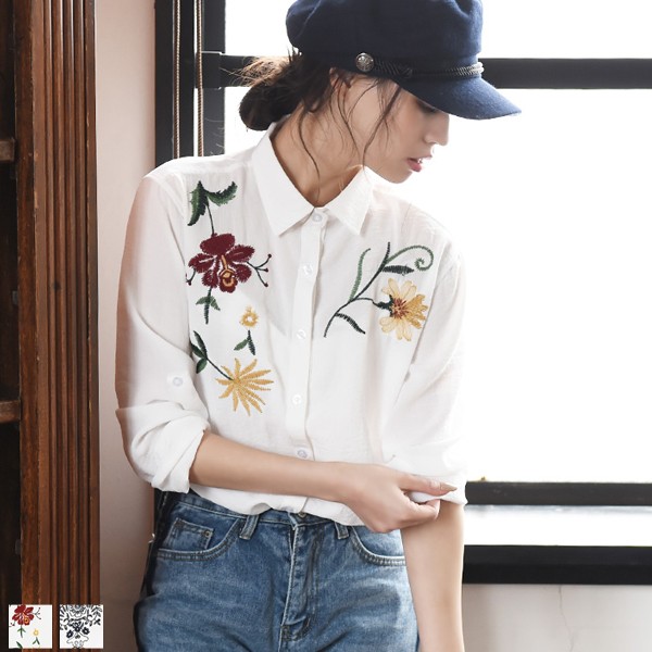 刺繍 シャツ Ｙシャツ 花柄刺繍 白シャツ おしゃれ ＯＬ カジュアル ターンバック 羽織り ユーズド 古着 レトロ オフィス ビジネス 可愛い 大人 上品 レディース レデイース 春夏 tops shirt womans ホワイト 白