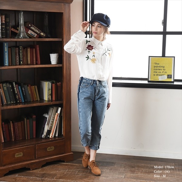 刺繍 シャツ Ｙシャツ 花柄刺繍 白シャツ おしゃれ ＯＬ カジュアル ターンバック 羽織り ユーズド 古着 レトロ オフィス ビジネス 可愛い 大人 上品 レディース レデイース 春夏 tops shirt womans ホワイト 白