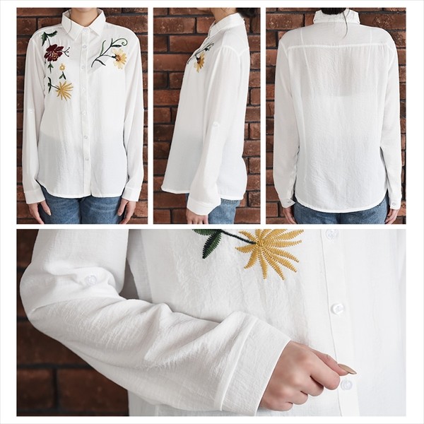 刺繍 シャツ Ｙシャツ 花柄刺繍 白シャツ おしゃれ ＯＬ カジュアル ターンバック 羽織り ユーズド 古着 レトロ オフィス ビジネス 可愛い 大人 上品 レディース レデイース 春夏 tops shirt womans ホワイト 白