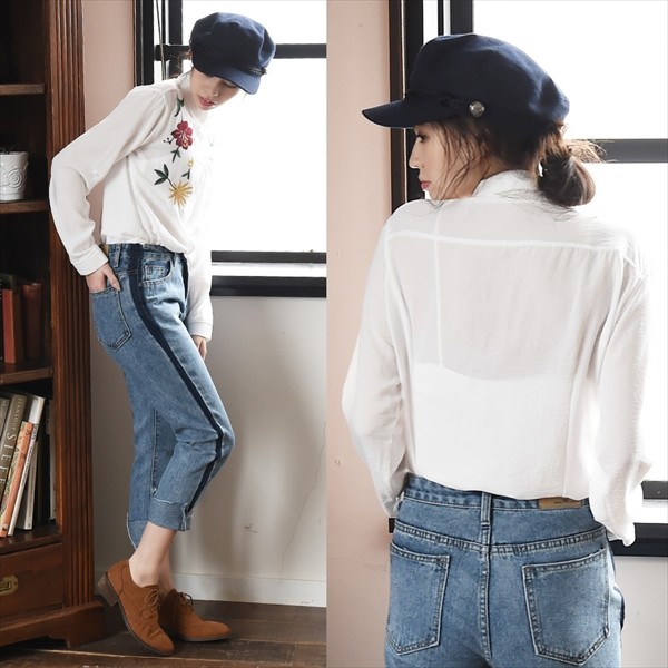 刺繍 シャツ Ｙシャツ 花柄刺繍 白シャツ おしゃれ ＯＬ カジュアル ターンバック 羽織り ユーズド 古着 レトロ オフィス ビジネス 可愛い 大人 上品 レディース レデイース 春夏 tops shirt womans ホワイト 白