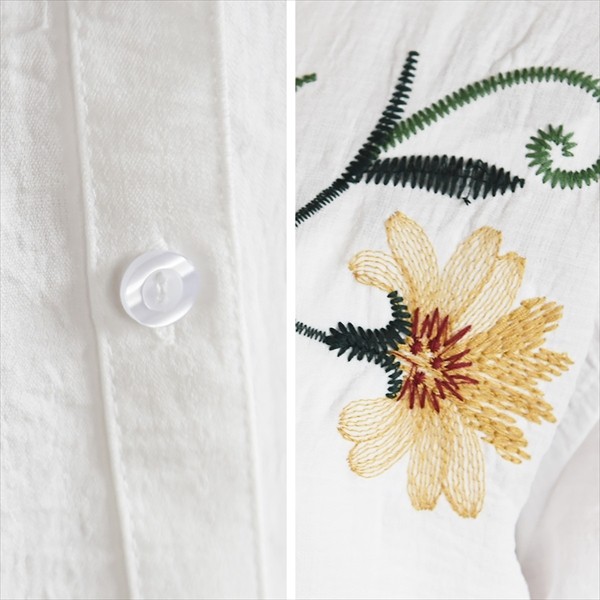 刺繍 シャツ Ｙシャツ 花柄刺繍 白シャツ おしゃれ ＯＬ カジュアル ターンバック 羽織り ユーズド 古着 レトロ オフィス ビジネス 可愛い 大人 上品 レディース レデイース 春夏 tops shirt womans ホワイト 白