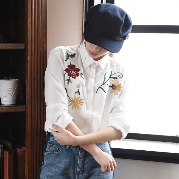 刺繍 シャツ Ｙシャツ 花柄刺繍 白シャツ おしゃれ ＯＬ カジュアル ターンバック 羽織り ユーズド 古着 レトロ オフィス ビジネス 可愛い 大人 上品 レディース レデイース 春夏 tops shirt womans ホワイト 白