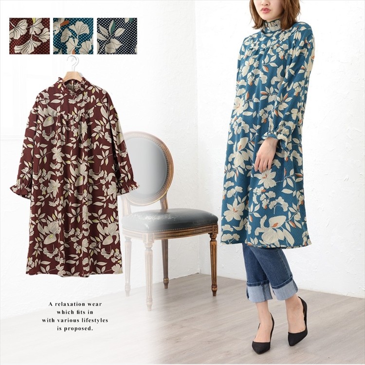 楽ちん ワンピース 春 花柄 ワンピース 大人 上品 春 長袖 レディース ブラウス 立ち襟 フリル フェミニン ガーリー ワンピース カジュアル ワンピース 夏 春夏 ゆったり ロング オフィスカジュアル かわいい 大きいサイズ Ladies womans onepiece ネイビー ブラウン ブラック マタニティー マタニティ服