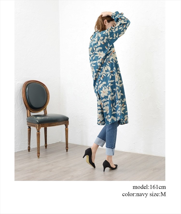 楽ちん ワンピース 春 花柄 ワンピース 大人 上品 春 長袖 レディース ブラウス 立ち襟 フリル フェミニン ガーリー ワンピース カジュアル ワンピース 夏 春夏 ゆったり ロング オフィスカジュアル かわいい 大きいサイズ Ladies womans onepiece ネイビー ブラウン ブラック マタニティー マタニティ服