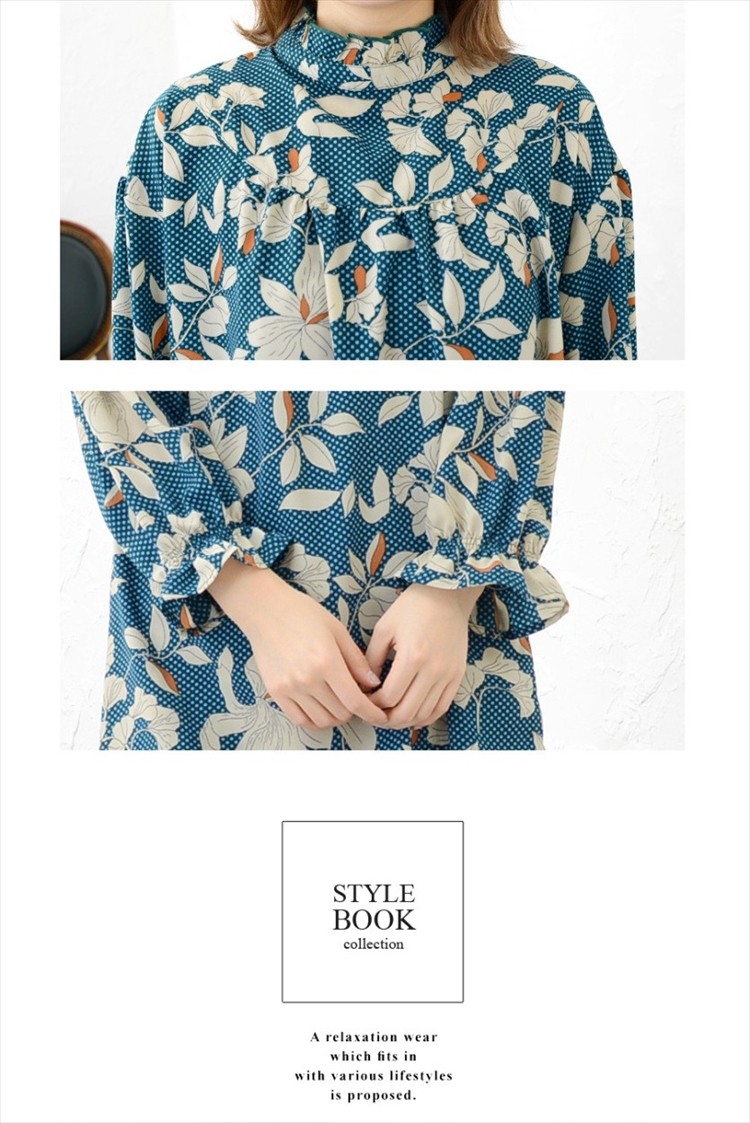 楽ちん ワンピース 春 花柄 ワンピース 大人 上品 春 長袖 レディース ブラウス 立ち襟 フリル フェミニン ガーリー ワンピース カジュアル ワンピース 夏 春夏 ゆったり ロング オフィスカジュアル かわいい 大きいサイズ Ladies womans onepiece ネイビー ブラウン ブラック マタニティー マタニティ服