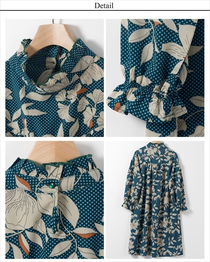 楽ちん ワンピース 春 花柄 ワンピース 大人 上品 春 長袖 レディース ブラウス 立ち襟 フリル フェミニン ガーリー ワンピース カジュアル ワンピース 夏 春夏 ゆったり ロング オフィスカジュアル かわいい 大きいサイズ Ladies womans onepiece ネイビー ブラウン ブラック マタニティー マタニティ服