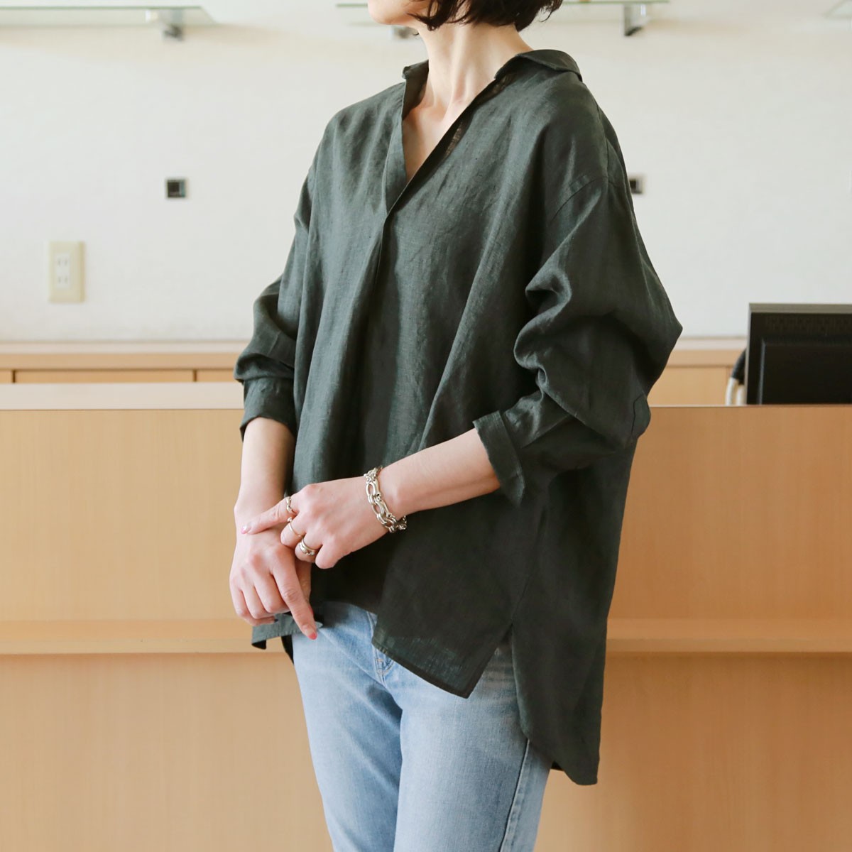 TICCA (ティッカ) リネン スクエアビッグ スキッパーシャツ