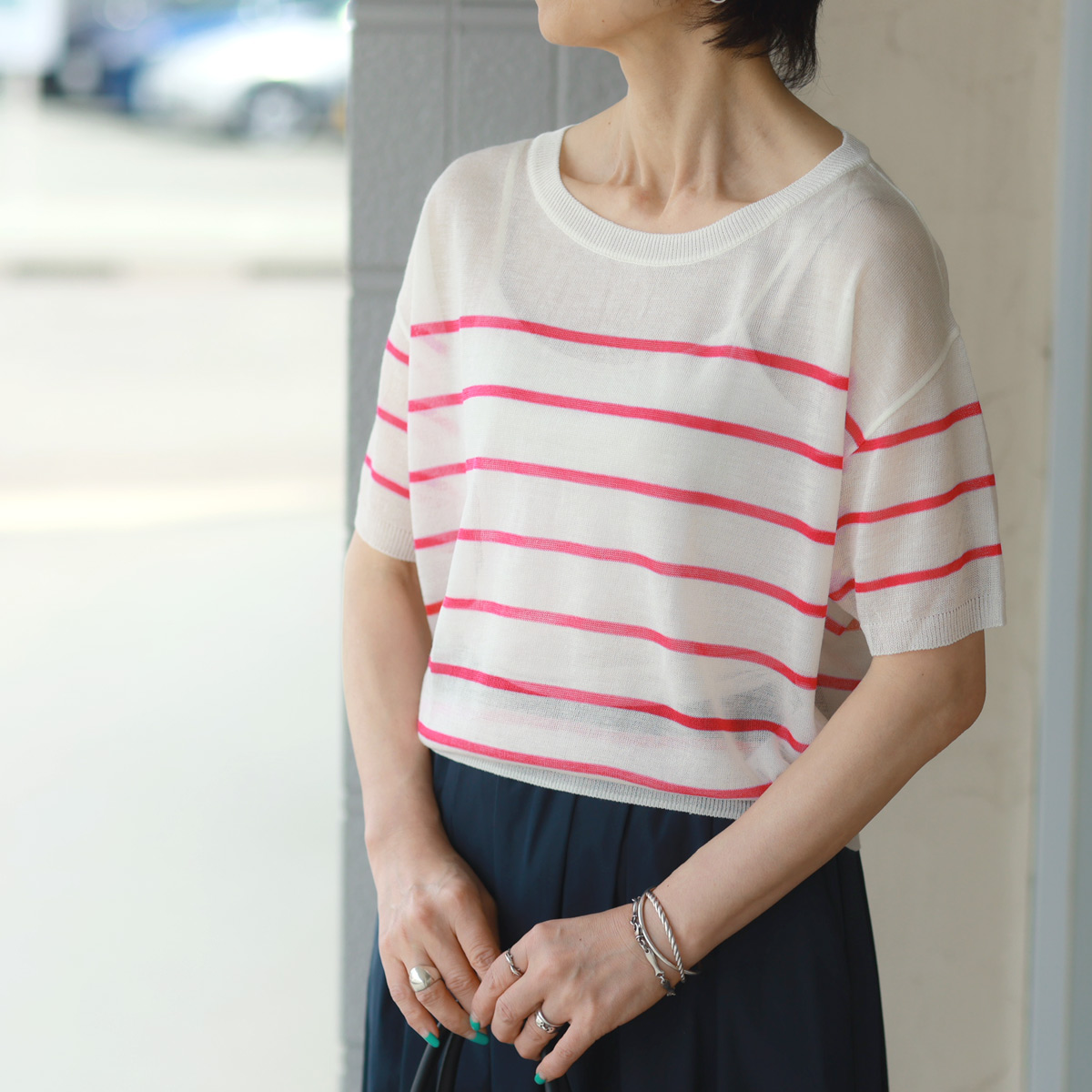【 7/10 20:00〜！ SUMMER SALE 】Dignite collier(ディニテ・コリエ)　シアーボーダー　ルーミーニット