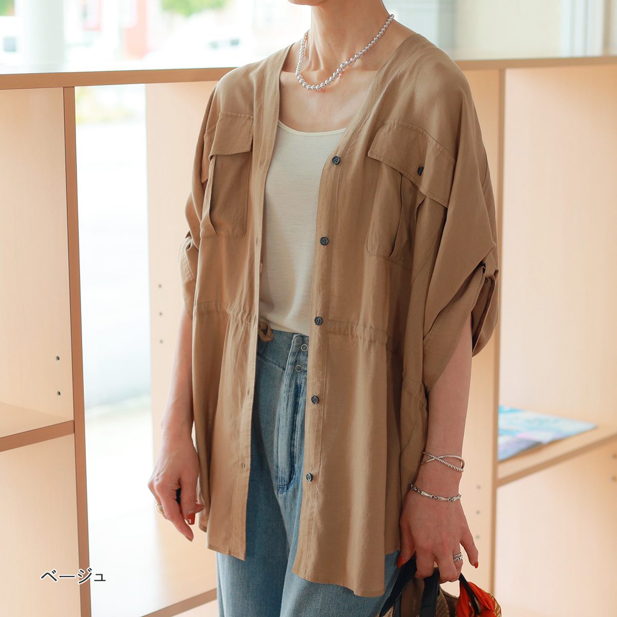 Boutique Ordinary (ブティーク オーディナリー) 　バンドカラー＆ラグランキャンディースリーブ 　リラックス　シャツ 送料無料】Boutique Ordinary (ブティーク オーディナリー