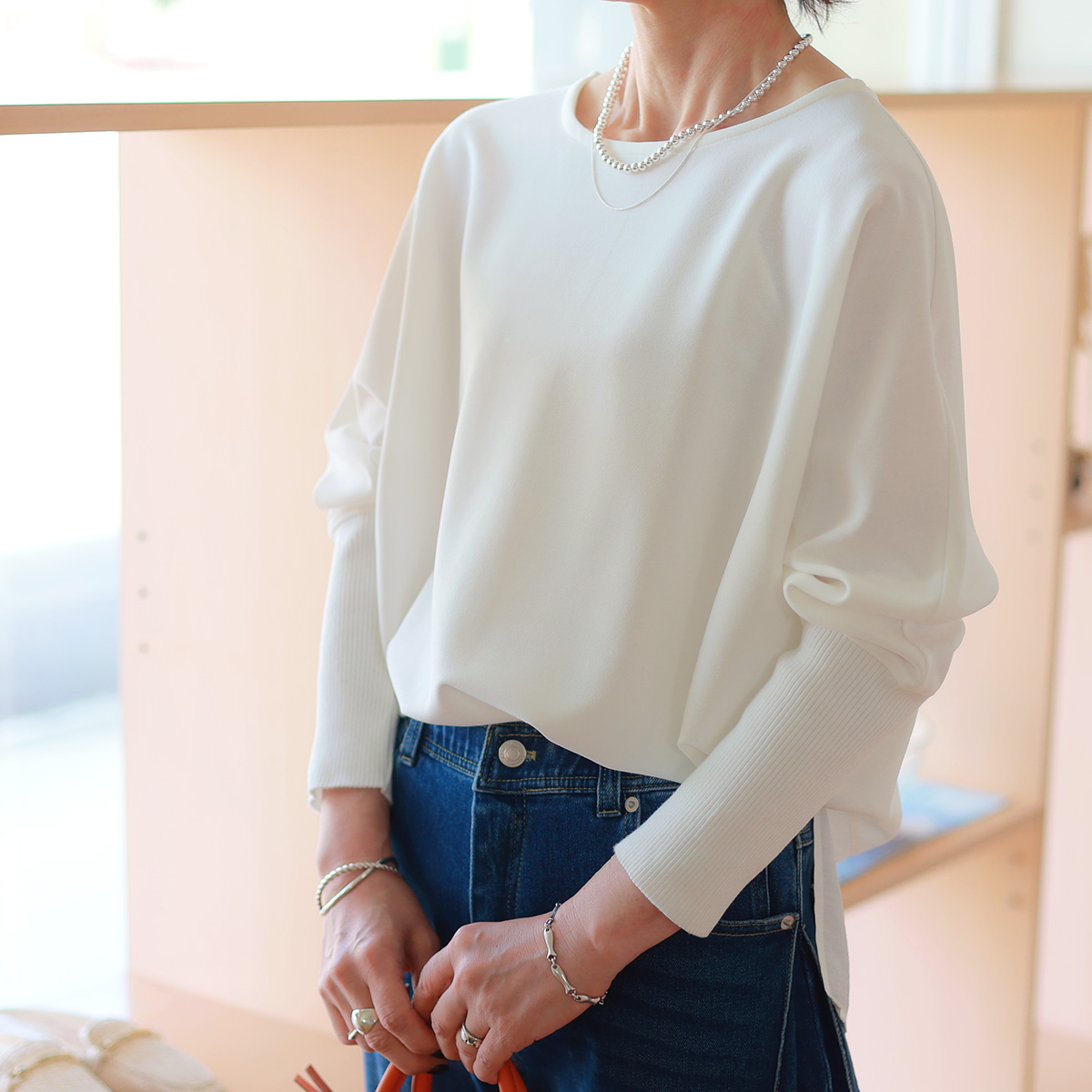 Dignite collierディニテコリエ　袖ふとリブプルオーバー　ホワイト Dignite collier ディニテコリエ エリートストレッチプル