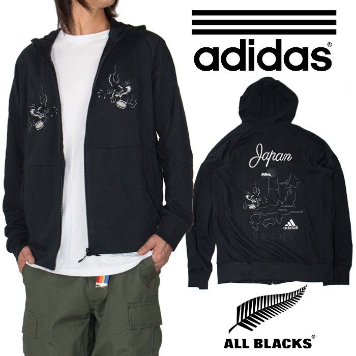 アディダス スカジャン風スウェット オールブラックス ADIDAS ALL BLACKS メンズ レディース ロゴ ジップパーカー ラグビー ブラック  黒 大きいサイズ