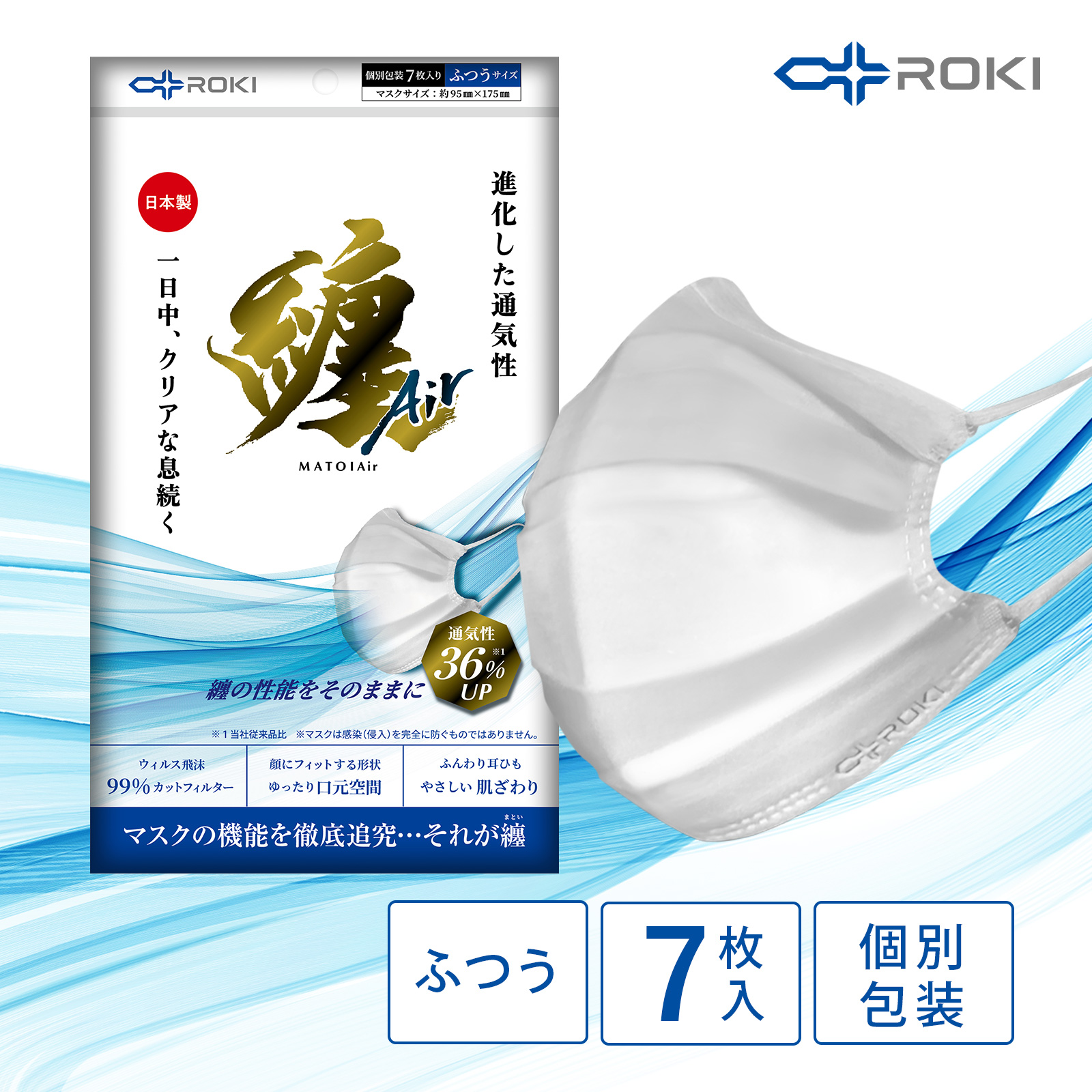 公式 ROKI 纏Air 日本製 不織布 マスク 個包装 7枚入り （息がしやすい 肌にやさしい 耳にやさしい ふつう、小さめサイズ ロキ まとい MATOI 国産）｜plazaroki-store｜02