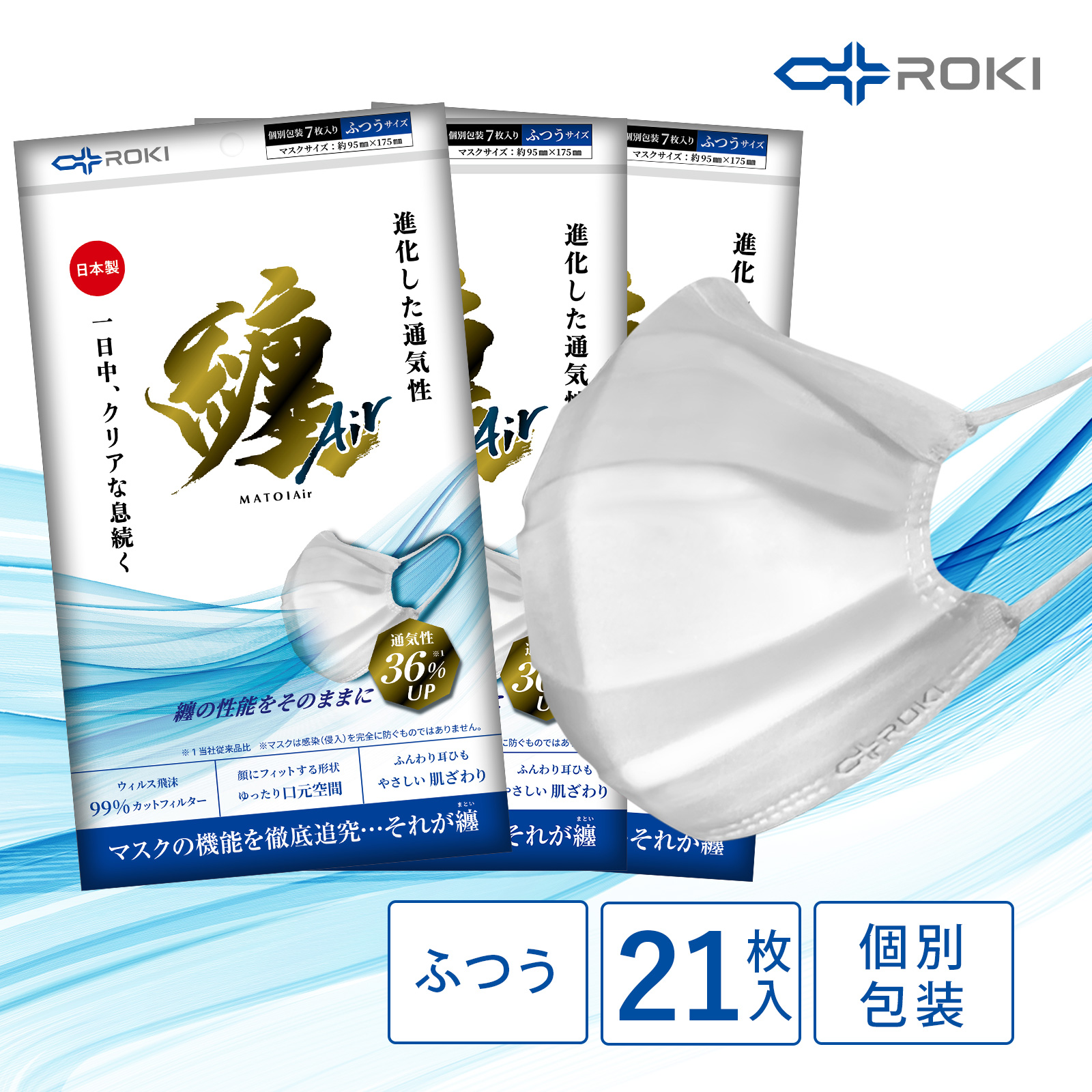 公式 ROKI 纏Air マスク 不織布マスク 21枚入 日本製 個包装（ふつう/小さめ）使い捨てマスク プリーツ型 ロキ まといエアー MATOI 国産｜plazaroki-store｜02