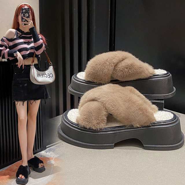 韓国デザイン ミンク リアルファー ビジュー フラット サンダル sy1034-02.jpg
