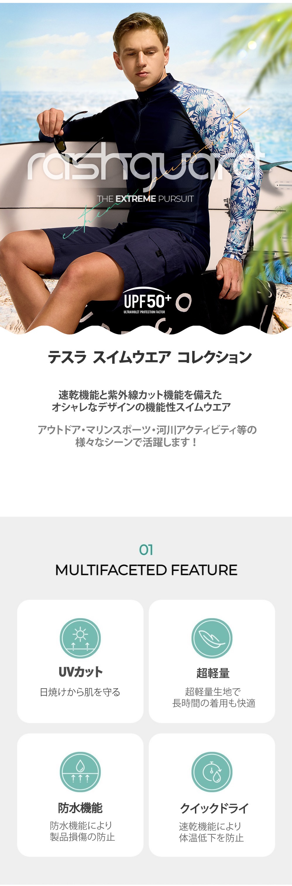 TSLA テスラ ラッシュガード メンズ 長袖 フルジップ 水着 UV