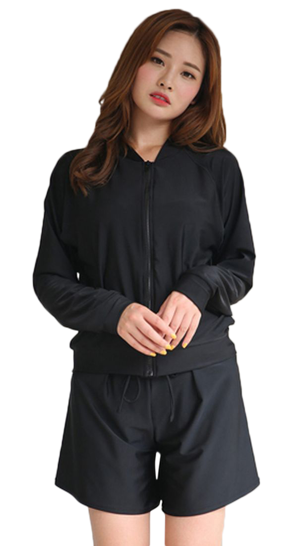 ラッシュガード 水着 レディース 長袖 ショートパンツ ジップアップ ファスナー ウエストゴム ポケット 無地 シンプル 水着素材 体型カバー ママ水 | plusnao | 04