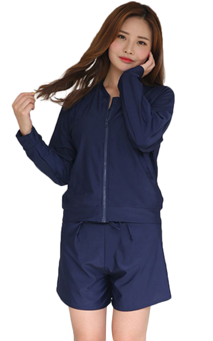 ラッシュガード 水着 レディース 長袖 ショートパンツ ジップアップ ファスナー ウエストゴム ポケット 無地 シンプル 水着素材 体型カバー ママ水 | plusnao | 01