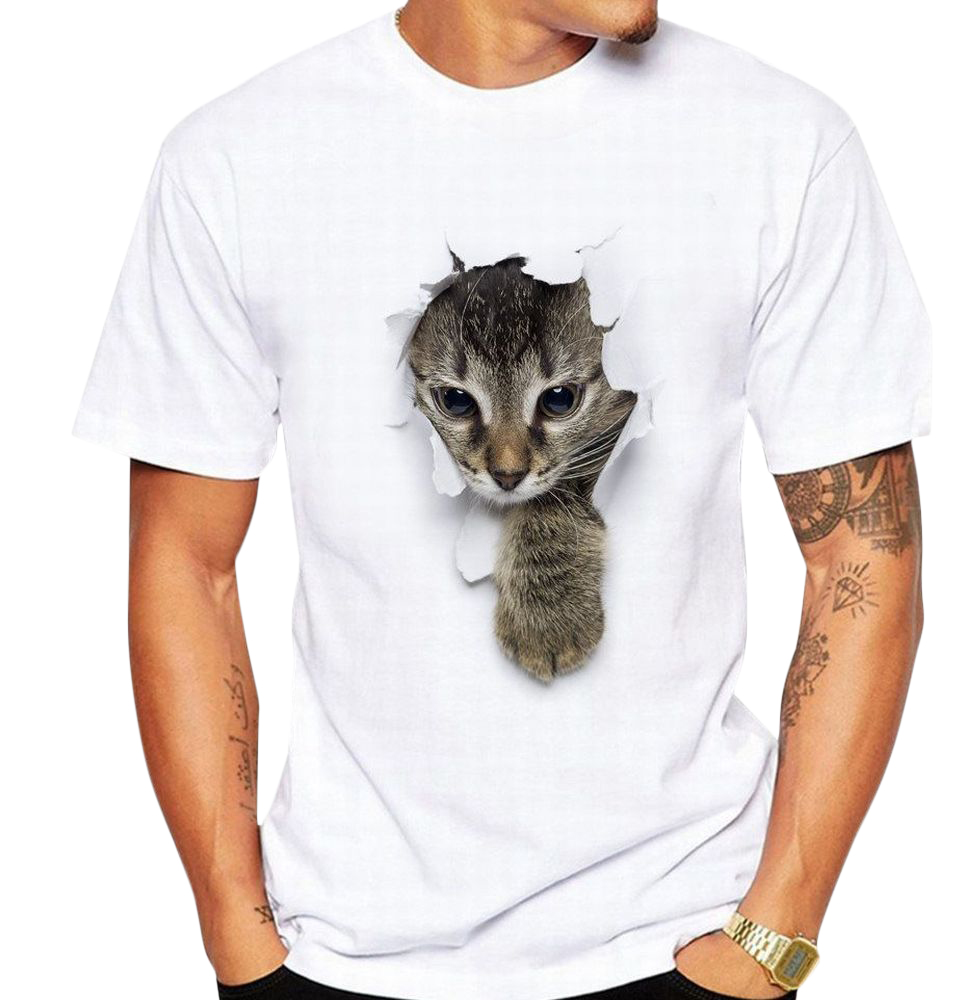 Tシャツ 半袖 クルーネック トリックアート 猫 ラウンドネック
