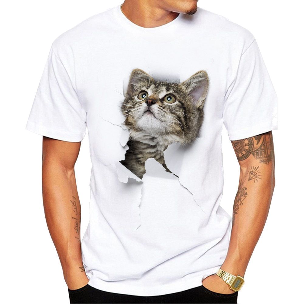 Tシャツ 半袖 クルーネック トリックアート 猫 ラウンドネック カットソー メンズ 3Dアート 立体的 プリントTシャツ イラスト おもしろプリント｜plusnao｜03