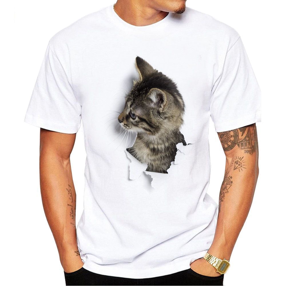 Tシャツ 半袖 クルーネック トリックアート 猫 ラウンドネック カットソー メンズ 3Dアート 立体的 プリントTシャツ イラスト おもしろプリント｜plusnao｜05
