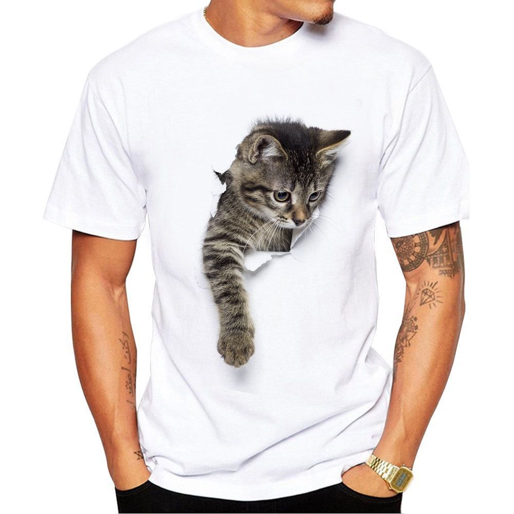 Tシャツ 半袖 クルーネック トリックアート 猫 ラウンドネック カットソー メンズ 3Dアート 立体的 プリントTシャツ イラスト おもしろプリント｜plusnao｜06