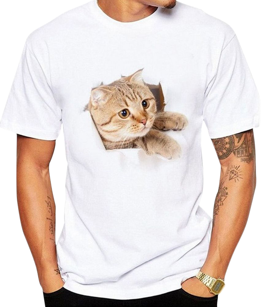 Tシャツ 半袖 クルーネック トリックアート 猫 ラウンドネック