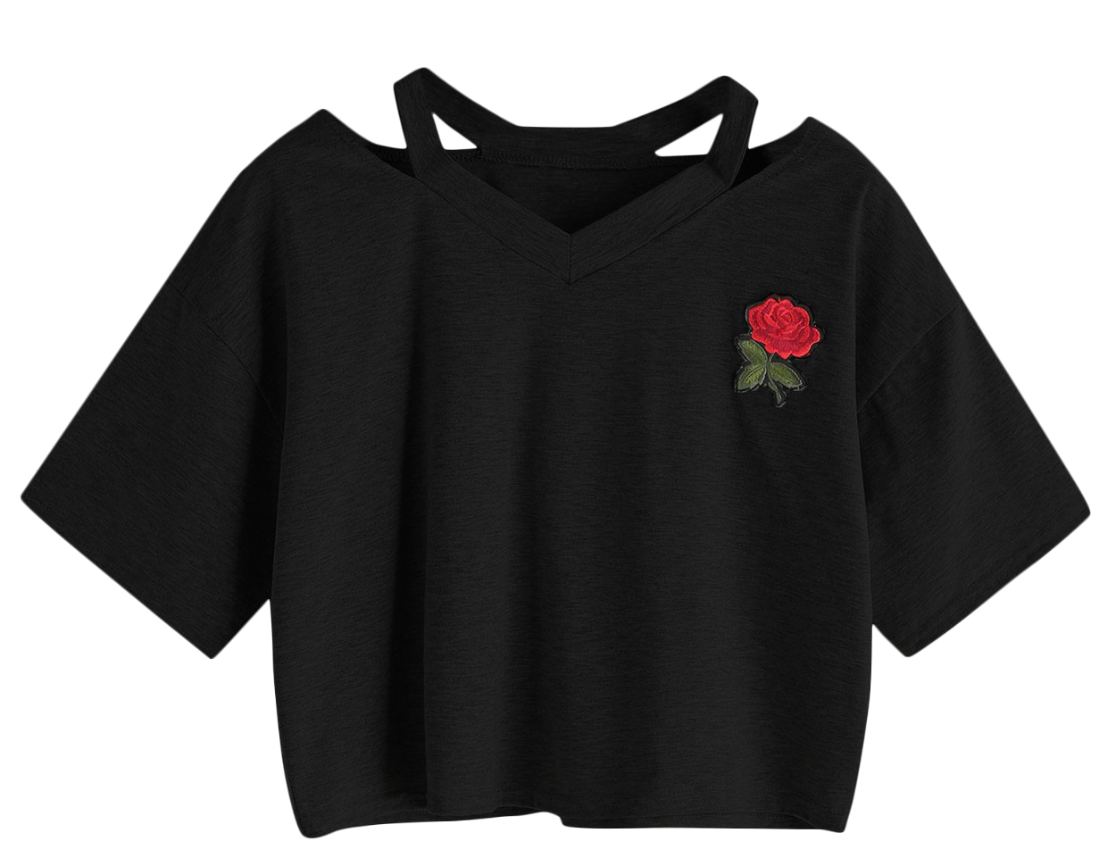 刺繍入り半袖Tシャツ ショート丈 ネックデザインTシャツ 薔薇 カットソー Vネック 肌見せ スポーティー 夏 サマー シンプル トップス カジュアル | plusnao | 01