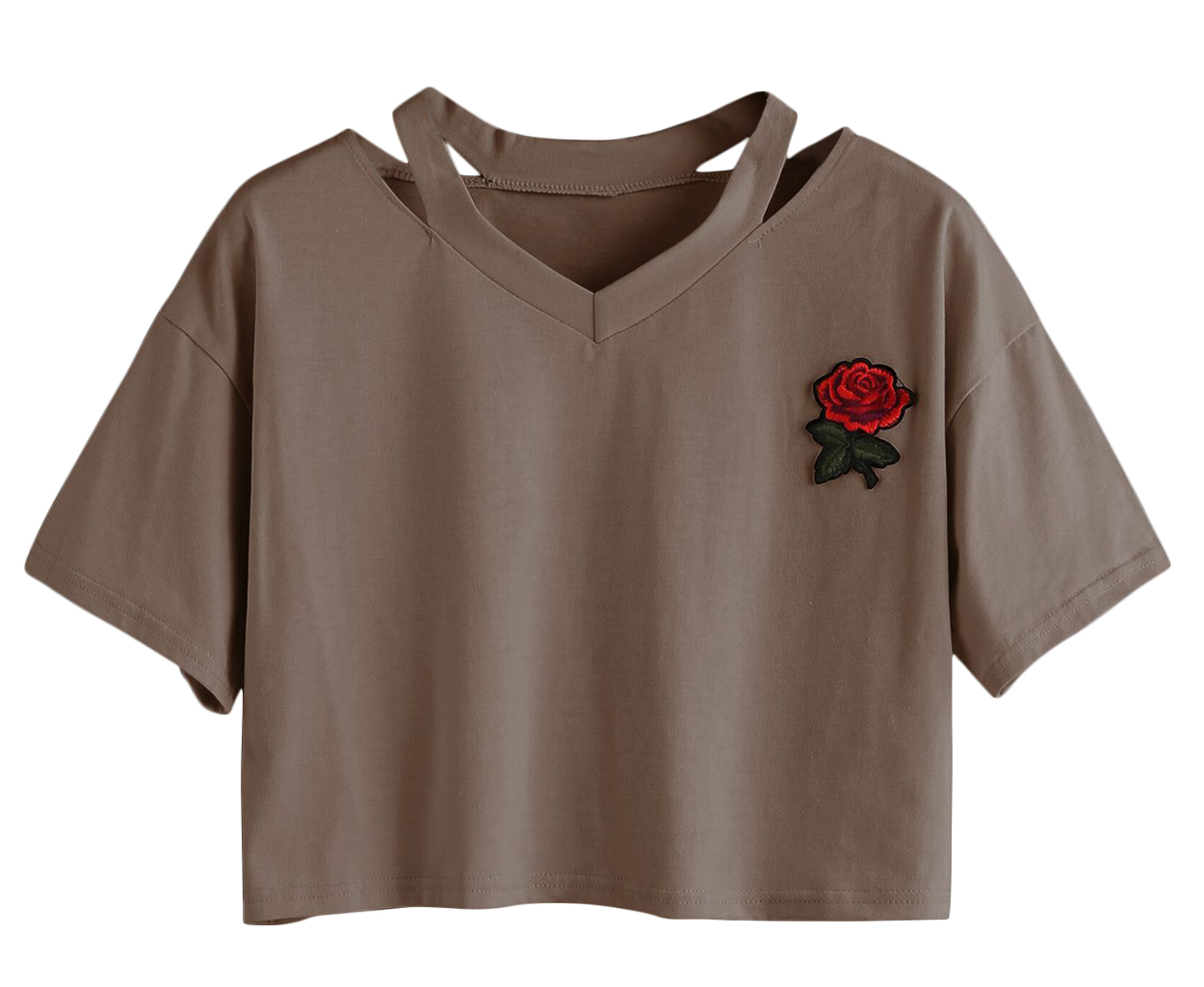 刺繍入り半袖Tシャツ ショート丈 ネックデザインTシャツ 薔薇 カットソー Vネック 肌見せ スポーティー 夏 サマー シンプル トップス カジュアル | plusnao | 08